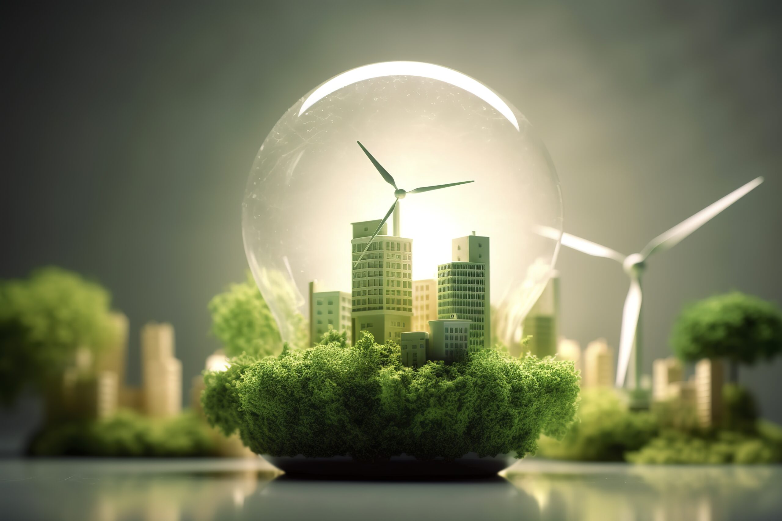 energy consumption and co2 gas emissions are increasing light bulbs with green eco city, renewable energy by 2050 carbon neutral energy, save energy creative idea concept, generative ai.