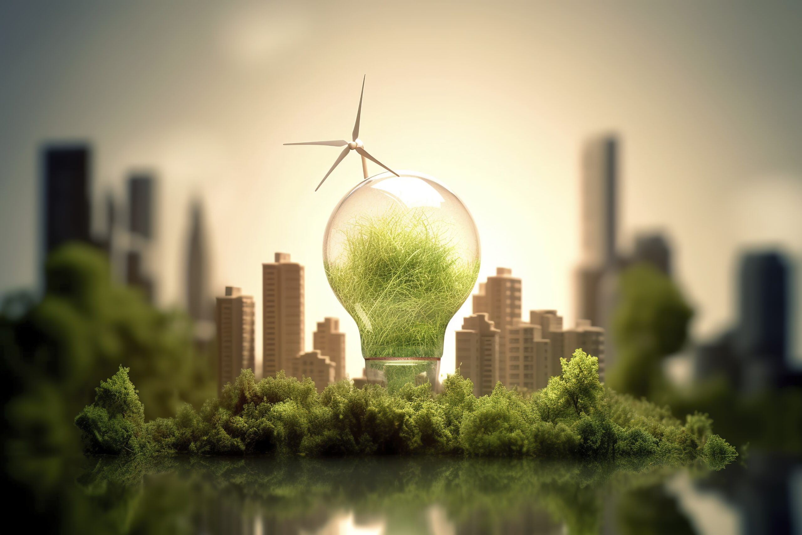 energy consumption and co2 gas emissions are increasing light bulbs with green eco city, renewable energy by 2050 carbon neutral energy, save energy creative idea concept, generative ai.